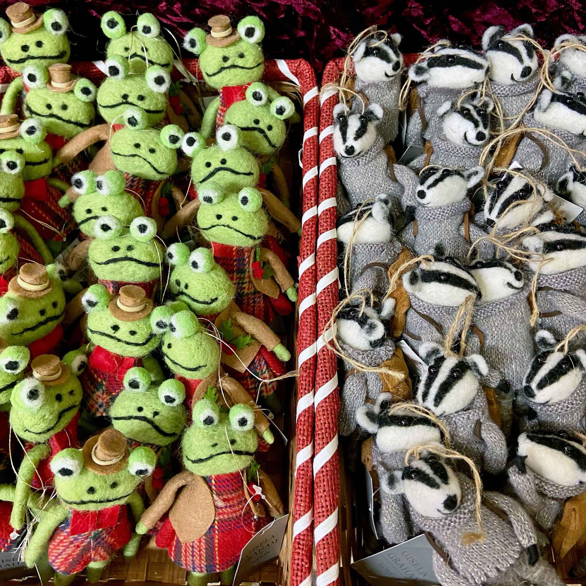Frog and badger decorations in our festive shop Frog and badger decorations in our festive shop